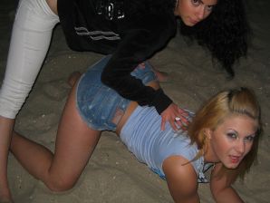 Blonde and brunette kiss and show boobs to each other. Thumb 43